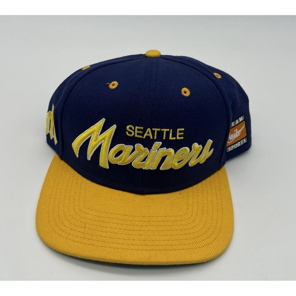 Nike Seattle Mariners Snapback Hat Blue Yellow Script Cap Cooperstown Collectio